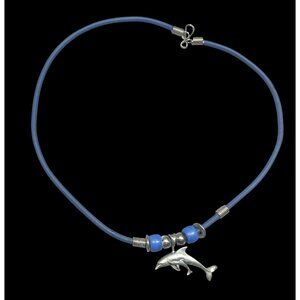 Vintage 90s Dolphin Necklace Silver Tone On Blue Rubbery Cord
